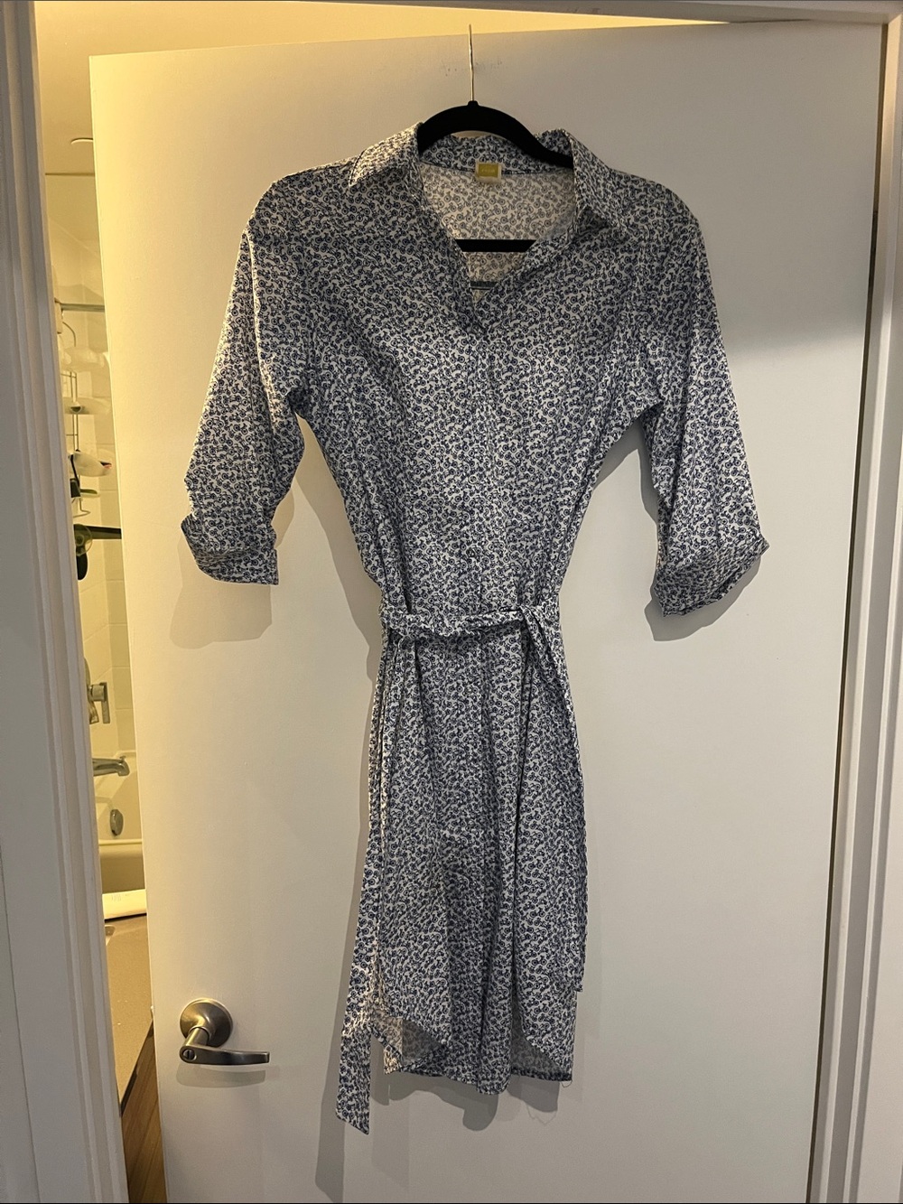 Blue Bicycle Print Shirt Dress with Tie Waist